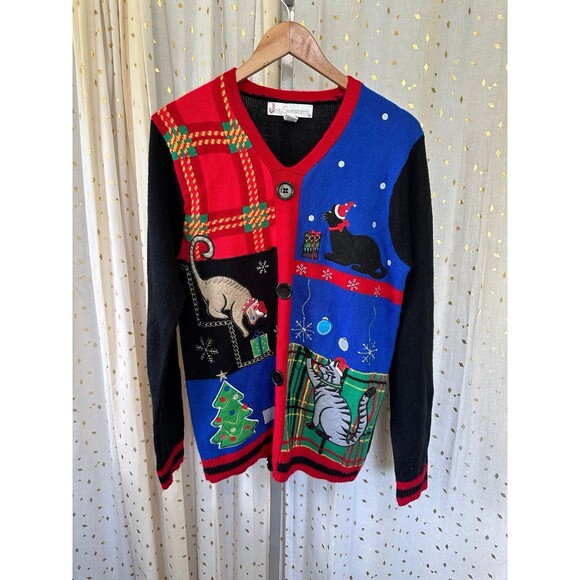 Vintage Jolly Sweaters Crazy Cat Lady Embroidered Pull Over Christmas Sweater M - Picture 1 of 4